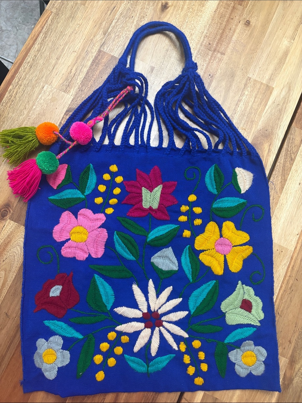 Blue Embroidered Floral Fringe Tote/hand made